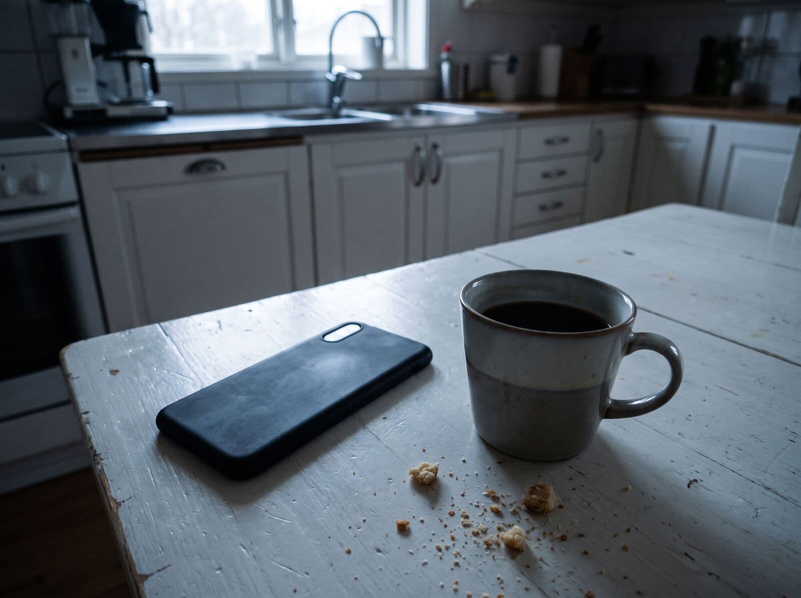 En telefon och en kopp kaffe på ett köksbord en morgon.