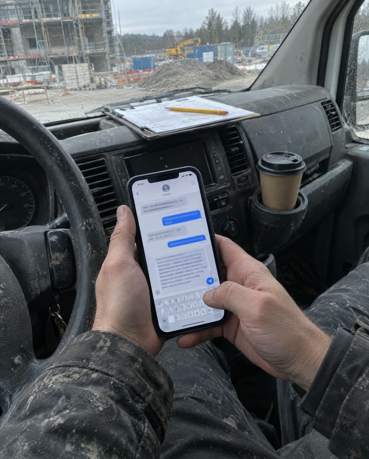 Två händer håller en telefon i hytten på en arbetsbil, ett färdigt svar väntar på skärmen och tummen är på väg mot skicka.