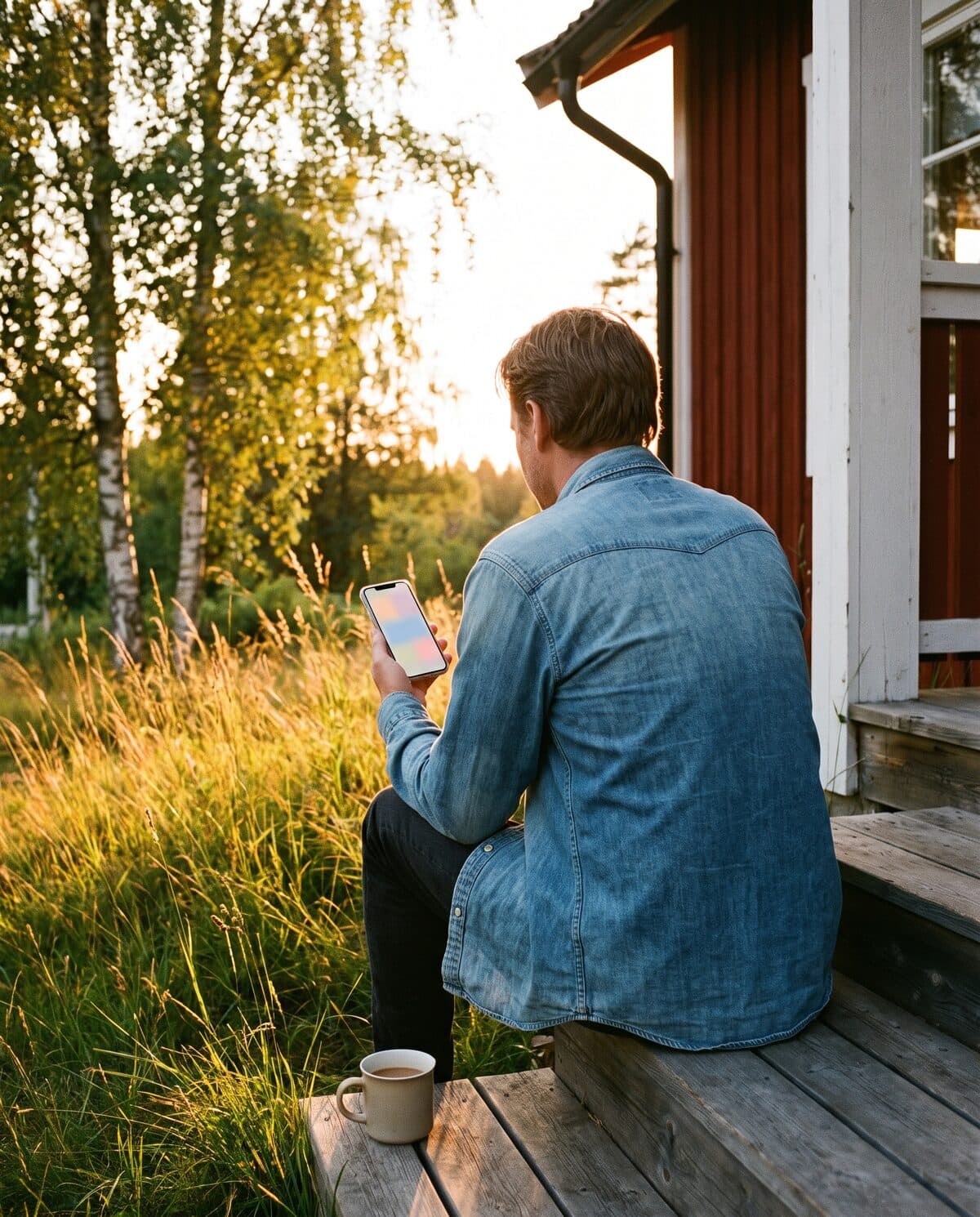 En person sedd bakifrån sitter på trappan till ett rött hus i kvällssol, med telefonen i handen och en kaffekopp bredvid.
