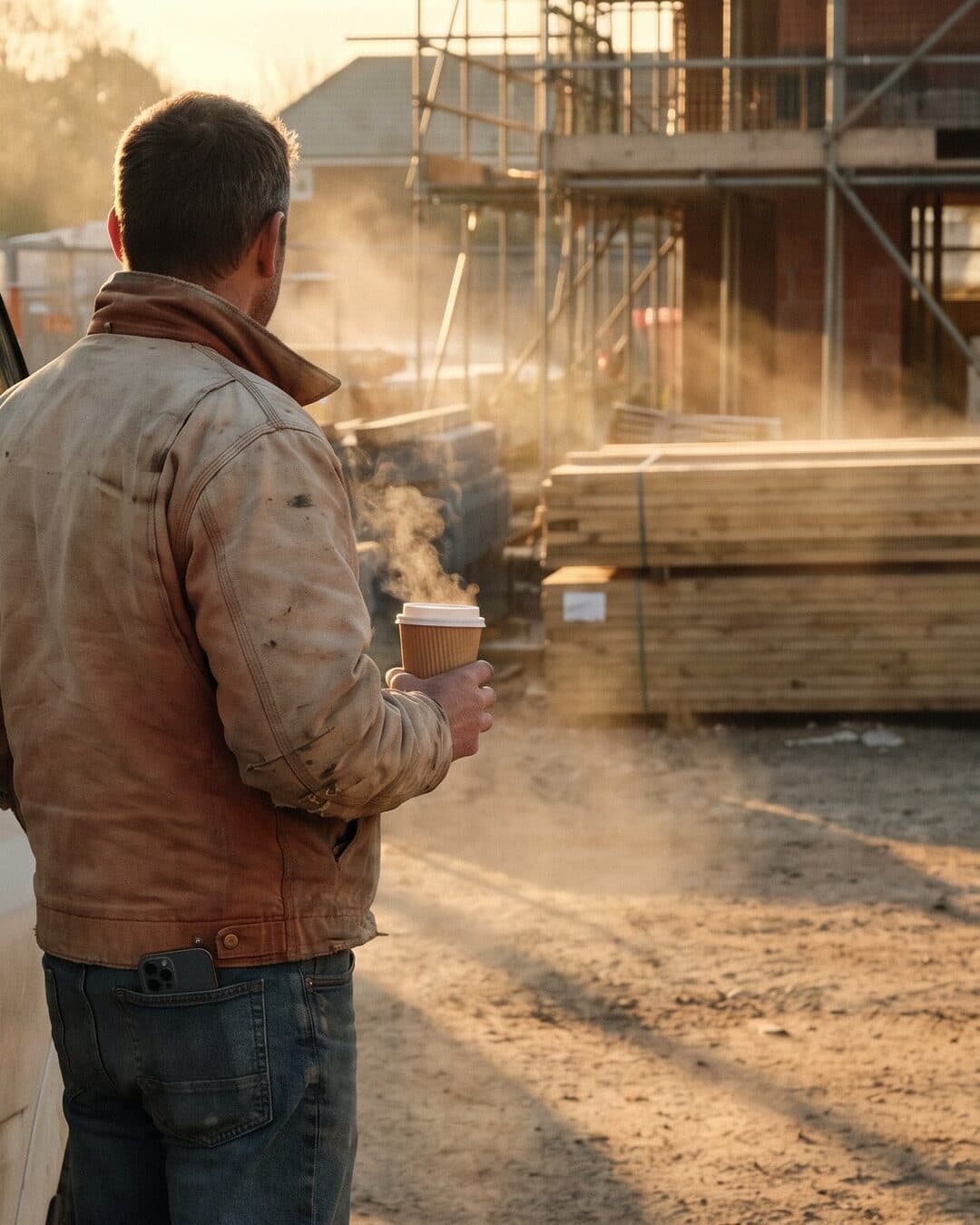 En man sedd bakifrån med en rykande kaffemugg ser ut över ett bygge i den första solen.